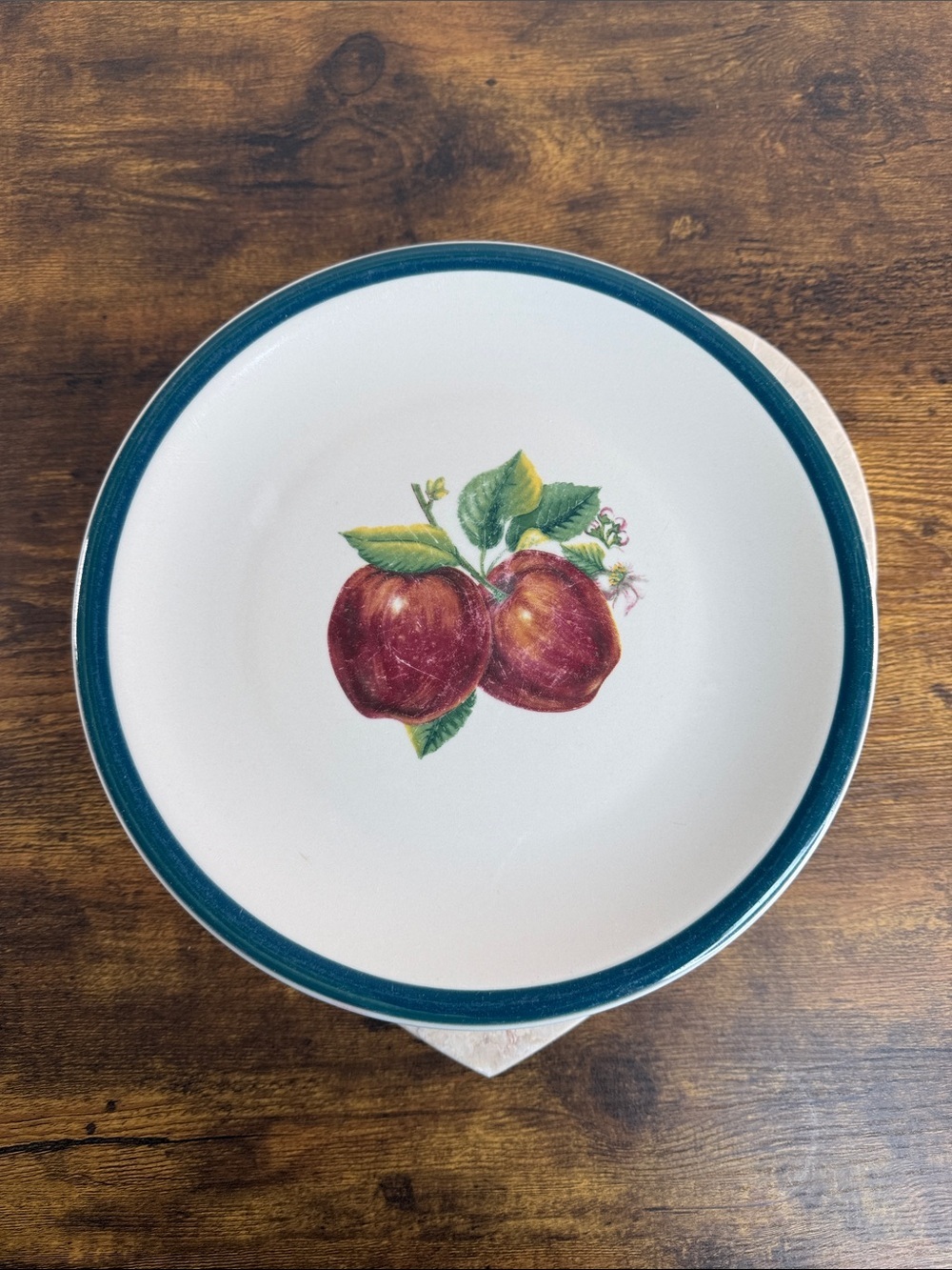 White Ceramic Dinner Plate with Teal Rim and Red Apple Motif Set Of 3